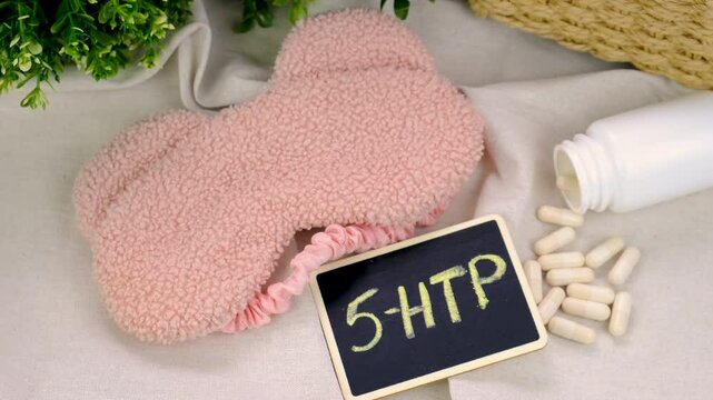 5-HTP sleep supplement capsules. Selective Focus.