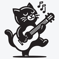 Black Cat Playing Guitar Icon Illustration. Animal Music Icon Concept. Flat Cartoon Style stock illustration