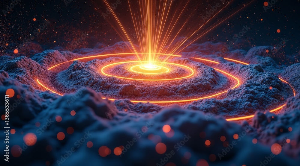 Poster earthquake and magnitude concepts, surreal landscape with glowing center and cosmic elements creatin