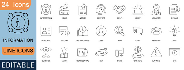 24 editable line icons for information and support. Includes help, news, alert, user, location, chat, personal, guide, confidential, warning, and instruction icons for web and UI design.