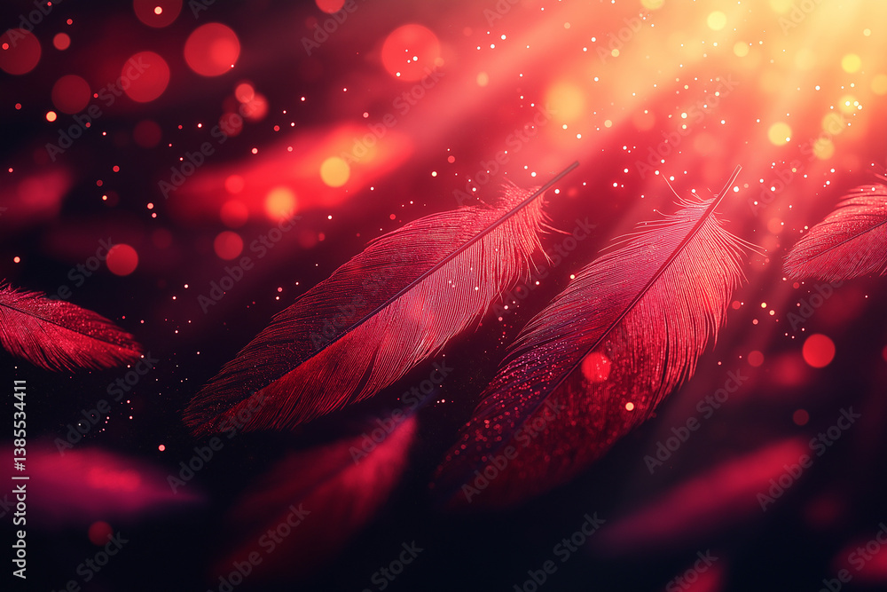 Poster red abstract background with blurred light rays and bokeh effects