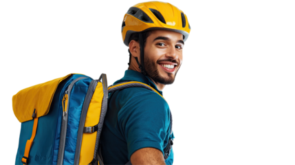 Smiling Delivery Cyclist in Blue Outfit with Yellow Helmet and Backpack, Isolated on transparent background