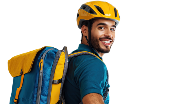 Smiling Delivery Cyclist in Blue Outfit with Yellow Helmet and Backpack, Isolated on transparent background