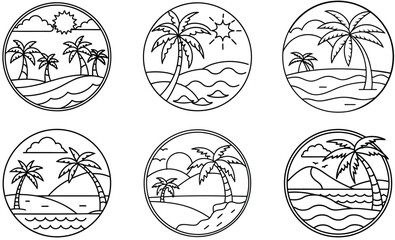 Tropical Island Line Art Set, Palm Trees, Ocean Waves, Sun, Minimalist Design, Holiday