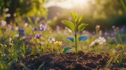 A vibrant green sapling grows amidst blooming wildflowers, symbolizing hope and renewal for Earth Day.
