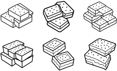 Black and White Line Art of Stacked Sponge Cake Cubes with Dots Pattern Outline Set