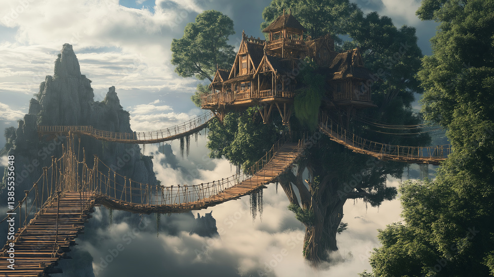 Poster A magical treehouse floating in the sky with rope bridge