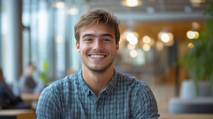 Fototapeta premium Brightly lit cafe offers a welcoming atmosphere as a young man smiles broadly, enjoying a moment of happiness among friends and lively decorations