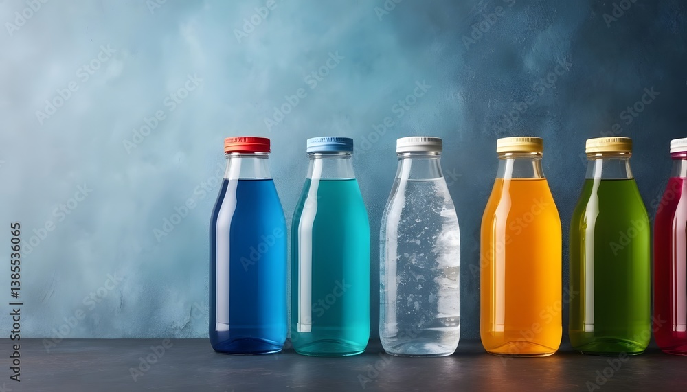 Poster a diverse selection of bottles in various colors and shapes displayed together creating a vibrant an