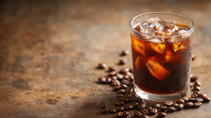 A chilled black coffee paired with scattered beans on a vintage brown table, with space for text