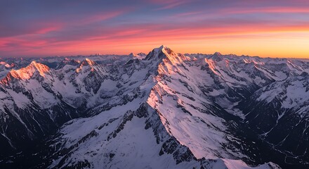 A breathtaking drone shot of snow-capped mountains at sunrise