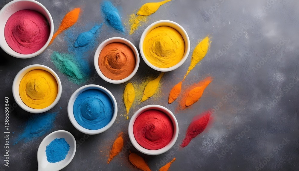 Poster an exquisite display of colorful powders in bowls showcasing a spectrum of shades and textures for c