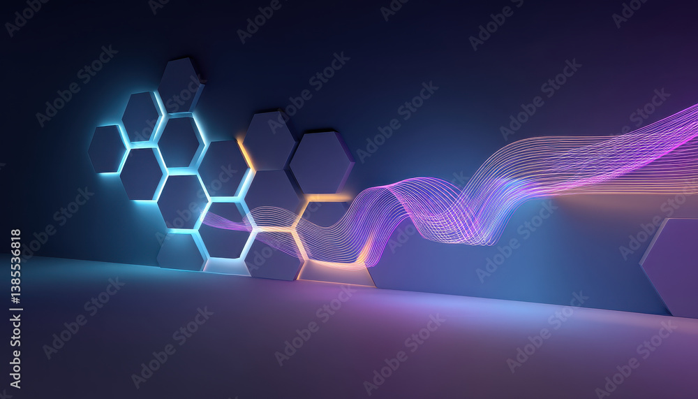 Poster abstract sci fi wall featuring dimensional hex shapes and vibrant flowing lines, creating futuristic