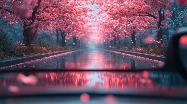 Blossoming path pink trees