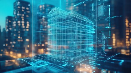 Futuristic city building design, digital architecture model hologram over cityscape at night.