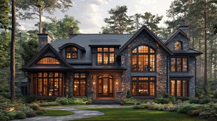 Luxury Stone Mansion in the Woods: Evening Ambiance