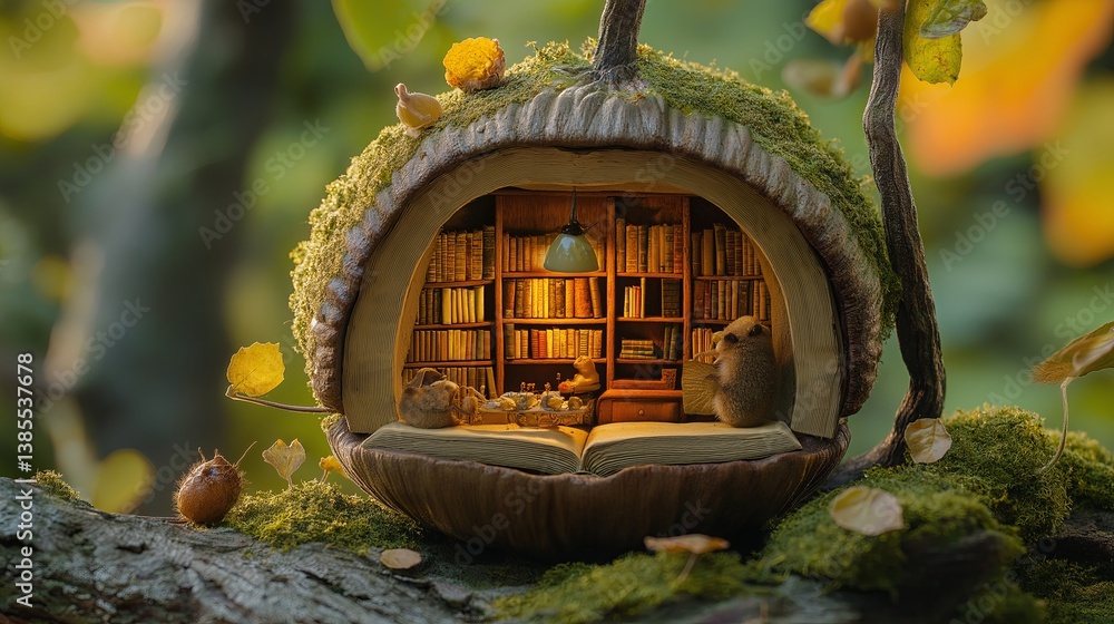 Poster A library inside an acorn, where tiny creatures are reading