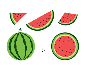 Watermelon whole, cut, slices, isolated on a white background, color vector illustration, flat design. Drawing of delicious, sweet, ripe, juicy summer fruit berries, dessert for decoration, design