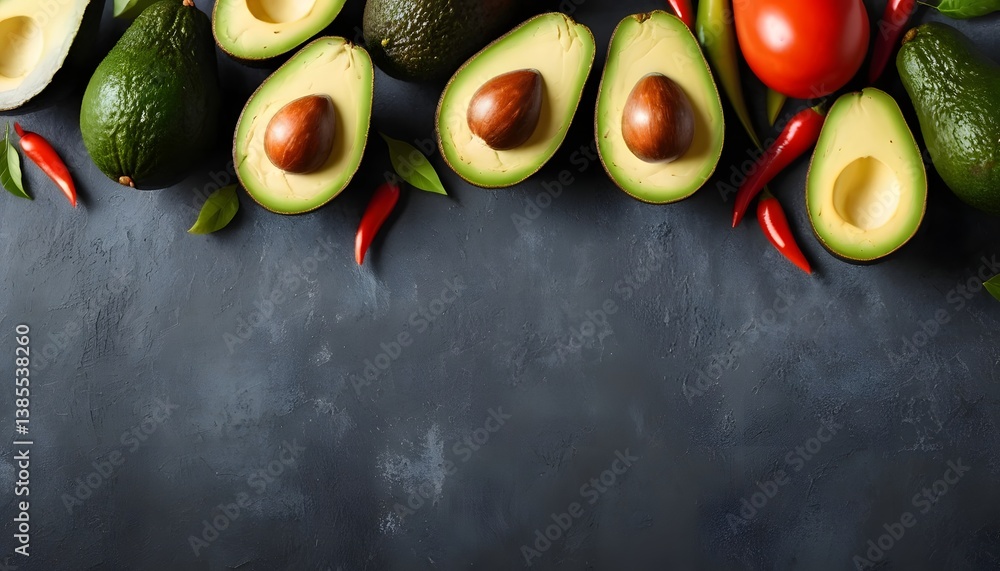 Poster fresh avocados positioned next to colorful bell peppers on a rustic wooden table creating an appeali