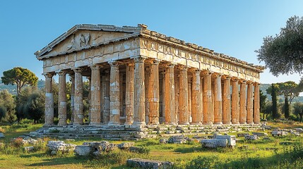 Fototapeta premium Ancient Temple of Paestum: The majestic Temple of Hera, a testament to classical architecture, stands proudly in Paestum, Italy, a symbol of historical grandeur under a clear, azure sky.