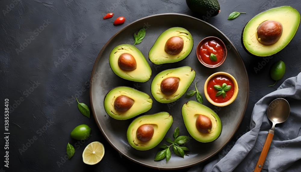 Poster sliced avocado on a white plate with a silver spoon resting next to it on a wooden table creating a 