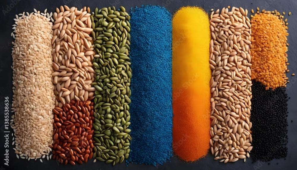 Poster colorful display of different types of beans and rice arranged harmoniously to illustrate their culi