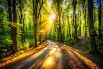 Obraz premium Sunlit Road Through Green Forest