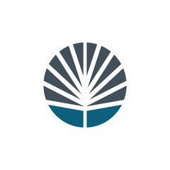 A minimalist, abstract graphic design featuring a stylized leaf or tree branch within a circle