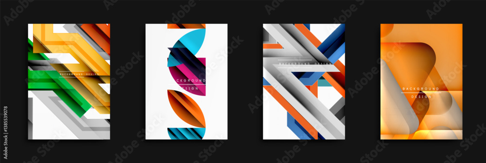 Poster Abstract geometric designs present vibrant color palettes. Overlapping shapes create dynamic compositions, suitable for backgrounds or modern graphics. Clean lines, gradients define each panel.