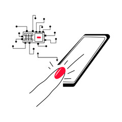 Smart manicure. Ultra-thin chip glued to the nail. Smart gadget for women. NFS module and RFID tag for recording information read by a smartphone. Vector illustration