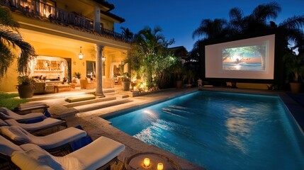 Luxurious villa with outdoor pool, movie screen, and comfortable lounge area at night.