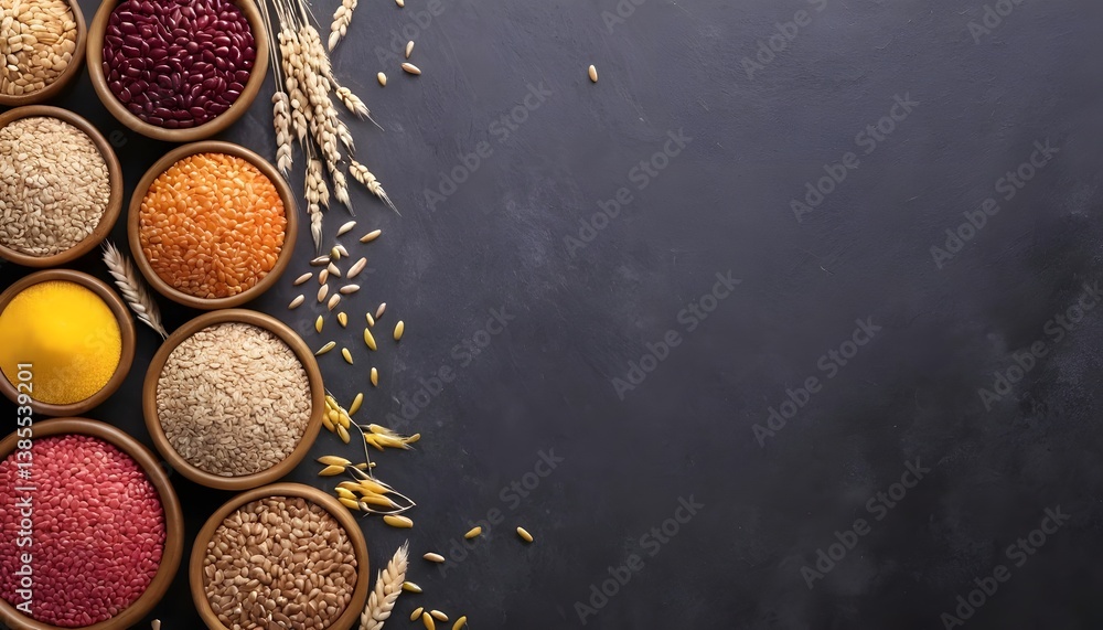 Poster collection of different grains including wheat and rice displayed in a chaotic arrangement emphasizi