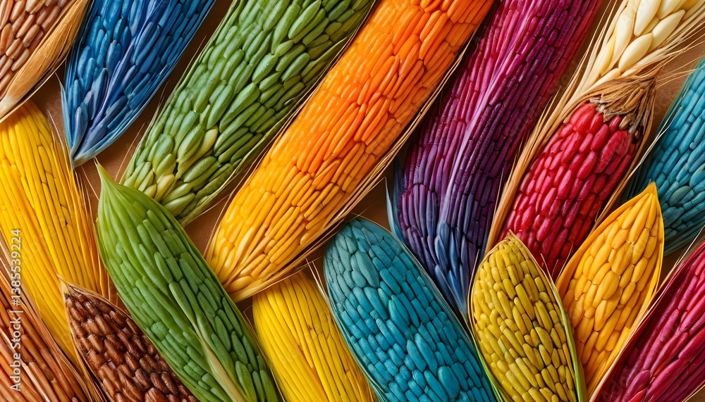 Poster vibrantly colored corn kernels displaying a rich array of hues and textures perfect for natural and 