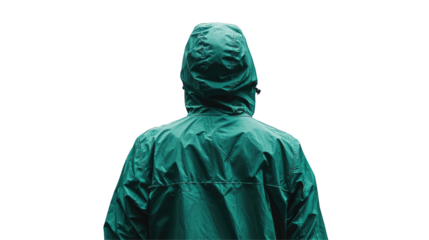 Mysterious Figure in Green Raincoat with Hood Up, Back Facing Camera, Isolated on transparent background