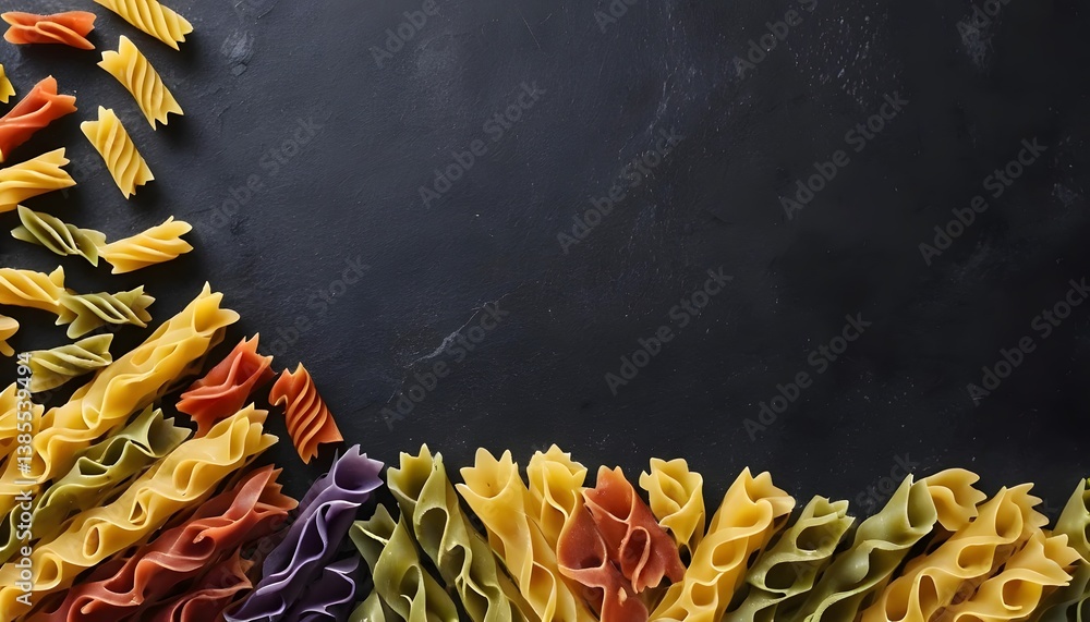 Poster a stunning display of colorful pasta varieties artistically arranged on a black background creating 