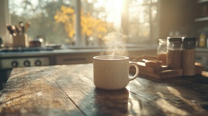 Enjoying a warm cup of coffee in a cozy kitchen morning light still life inviting atmosphere warm and inviting environment close-up perspective comfort and relaxation