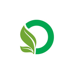 A graphic design featuring a stylized green leaf element partially overlapping a green ring or letter "O".