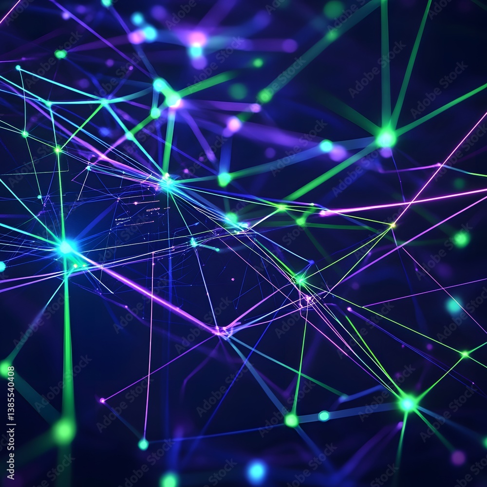 Poster abstract network of interconnected nodes and lines on dark blue