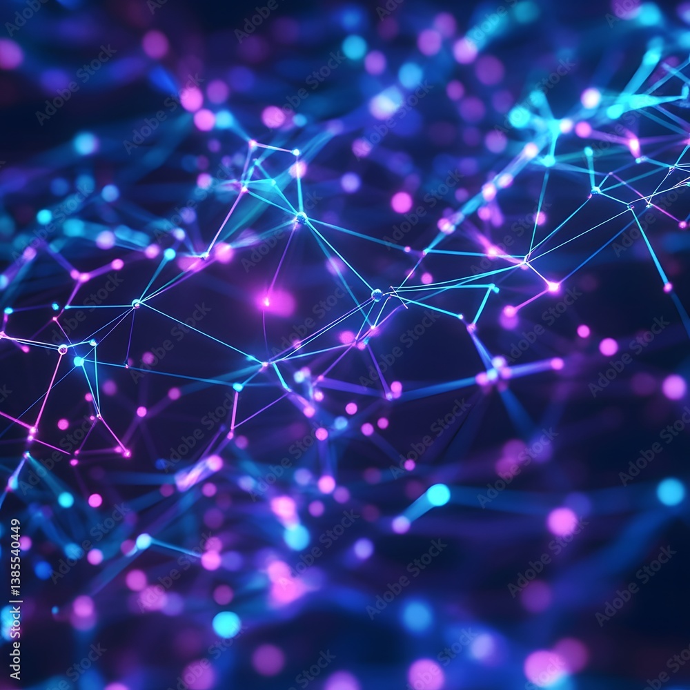 Poster abstract glowing network connection with data points in blue and pink