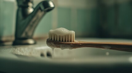 Daily oral care routine toothbrush with foaming toothpaste bathroom sink setting close-up view hygiene concept
