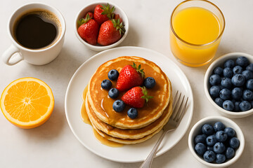 Delicious breakfast with pancakes, fresh berries, coffee, and orange juice on white table – morning meal flat lay