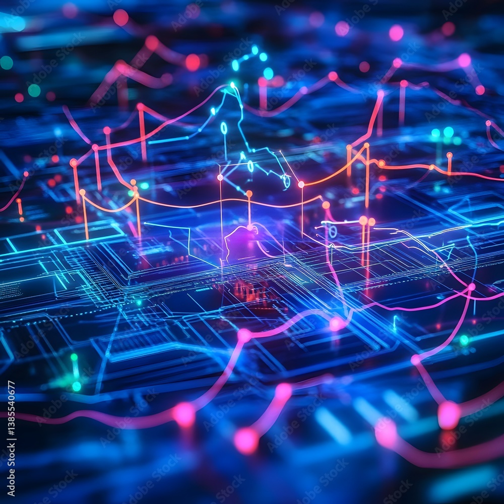 Poster abstract tech: glowing data network with circuit board
