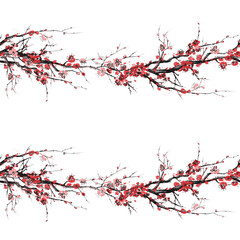 Realistic Sakura Blossom Pattern - Japanese Cherry Tree. Artistic Branch Plum Blossom. Vector