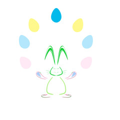 A conceptual and funny vector illustration of an easter bunny juggling seven pastel colored eggs