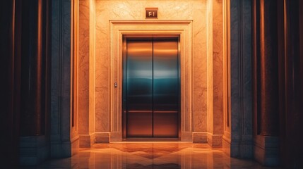 Elegant elevator doors in a modern building with warm lighting.