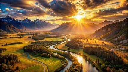 Golden Hour River Valley Sunset: Aerial Panoramic Landscape Photography