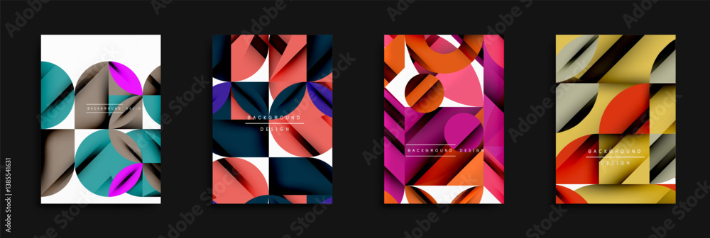 Fototapete Abstract geometric designs. Overlapping circles, triangles create dynamic compositions. Modern backgrounds feature vibrant color palettes, gradients. Minimal text present.