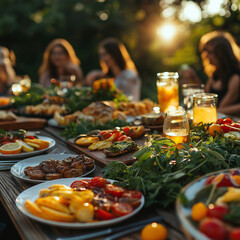 People having a barbecue in a lush garden, warm sunlight, relaxed atmosphere, laughter and delicious food, perfect summer ending