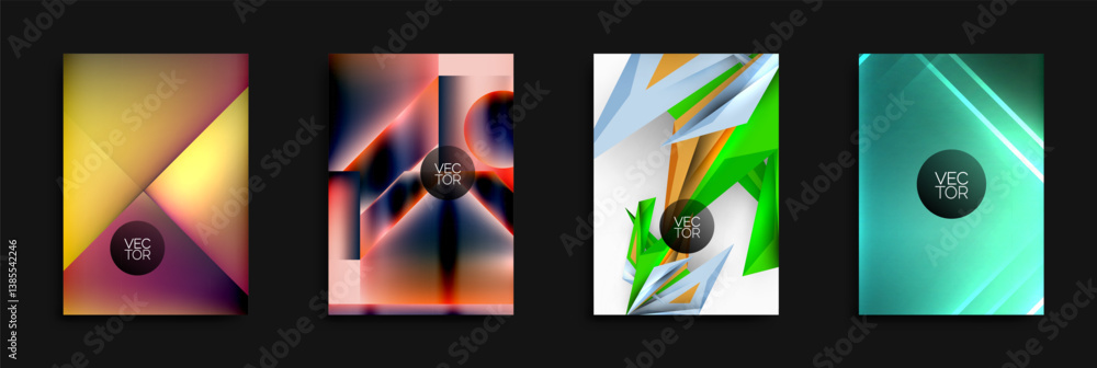 Poster Abstract geometric designs dominate image. Vibrant colors blend, creating modern visuals. Each panel features dynamic shapes, gradients, text element. Minimalist aesthetic.