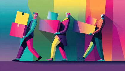 Colorful delivery teamwork carrying cardboard boxes in vibrant, abstract style, showcasing collaboration and efficiency